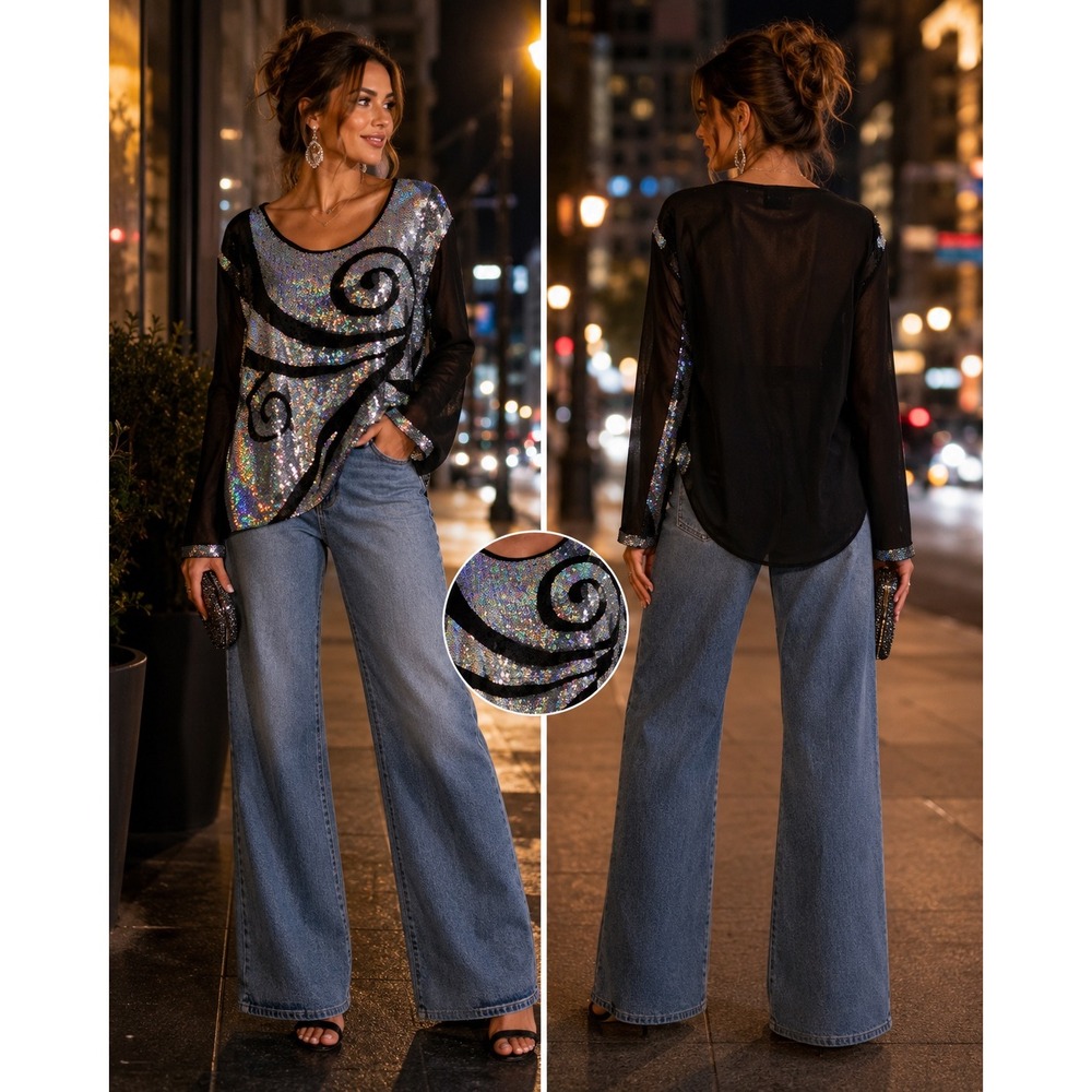 Womens City Glam Holographic Silver Sequin Swirl Mesh Long Sleeve Top Black L/XL